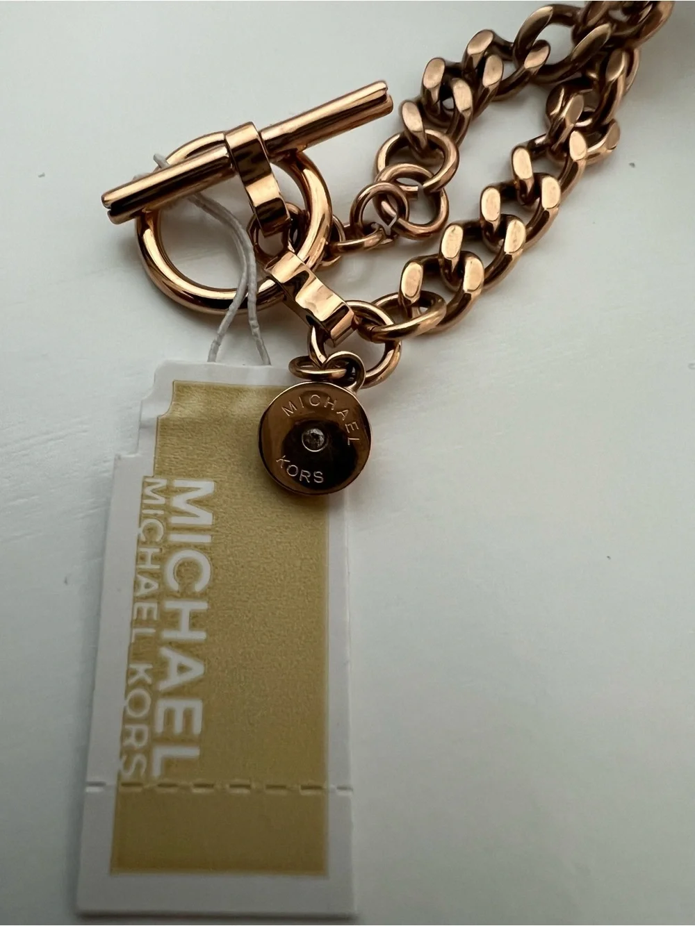 NWT Michael Kors Rose Gold Tone Logo Station 32” Necklace